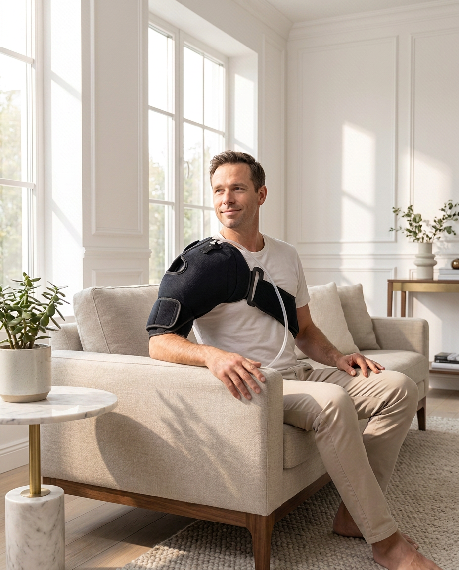 Patient with shoulder compress at home post-op care