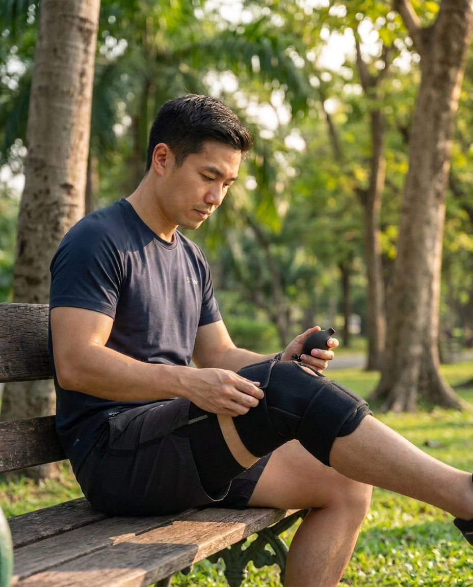 Athlete wearing a knee compress – back to sport