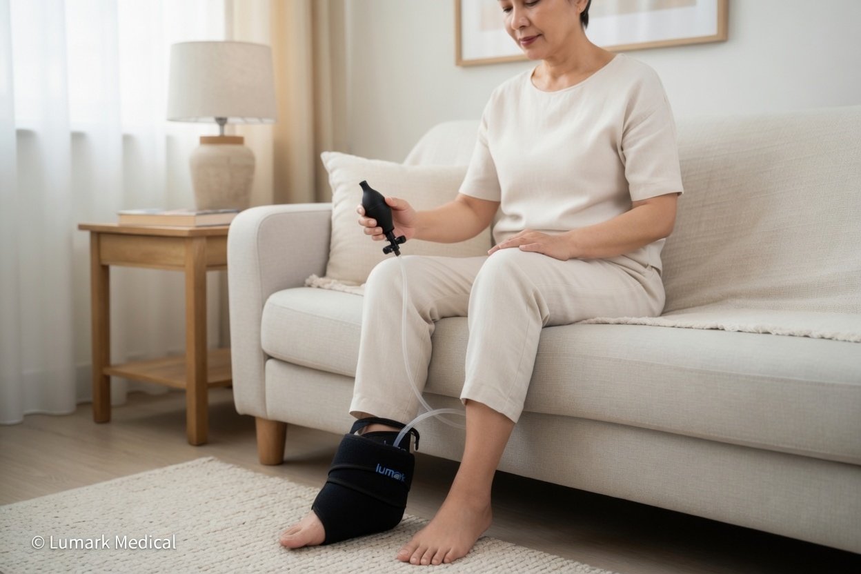 Patient with cooling compress on sofa post-op at home